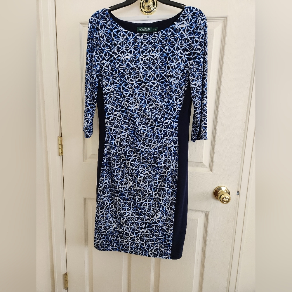 *Lauren Ralph Lauren Blue & White Print Dress 3/4 Sleeve Size 14